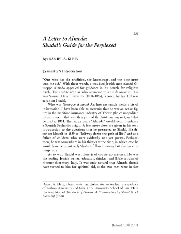 (PDF) A Letter to Almeda: Shadal’s Guide for the Perplexed