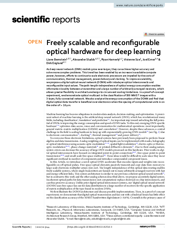 (PDF) Freely scalable and reconfigurable optical hardware for deep learning