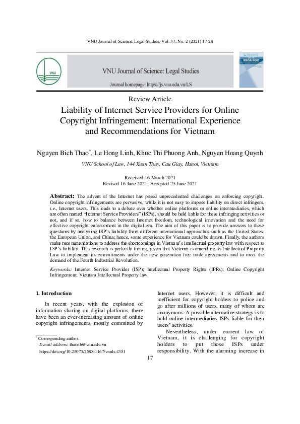 (PDF) Liability of Internet Service Providers for Online Copyright ...