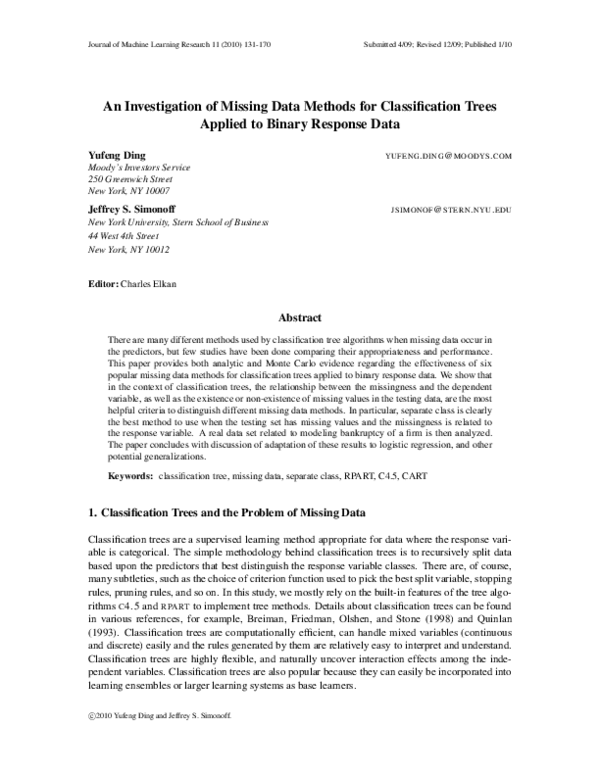 (PDF) An Investigation of Missing Data Methods for Classification Trees ...