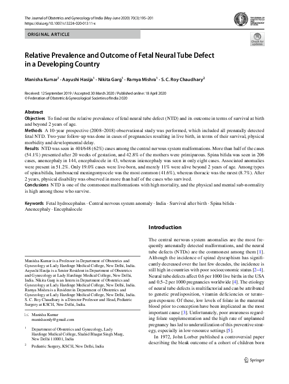 (PDF) Relative Prevalence and Outcome of Fetal Neural Tube Defect in a ...