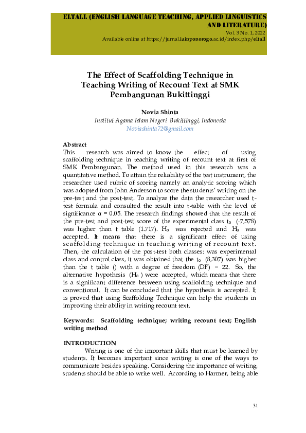 (PDF) The Effect of Scaffolding Technique in Teaching Writing of ...