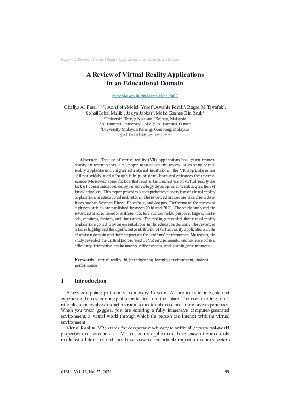 (PDF) A Review of Virtual Reality Applications in an Educational Domain