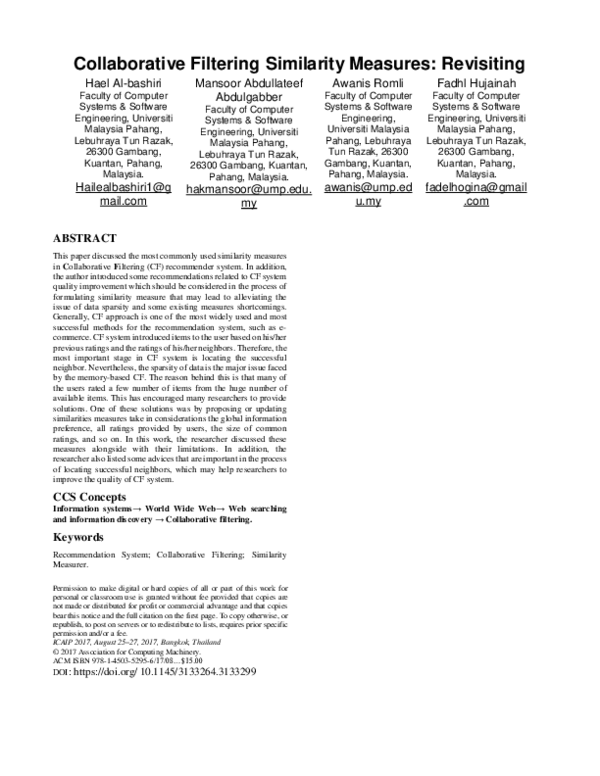 (PDF) Collaborative Filtering Similarity Measures