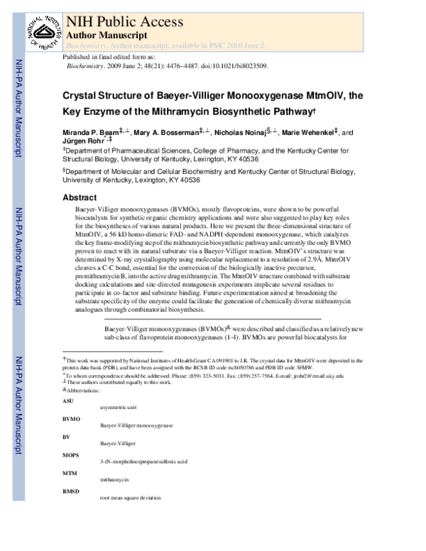 (PDF) Crystal Structure of Baeyer−Villiger Monooxygenase MtmOIV, the ...