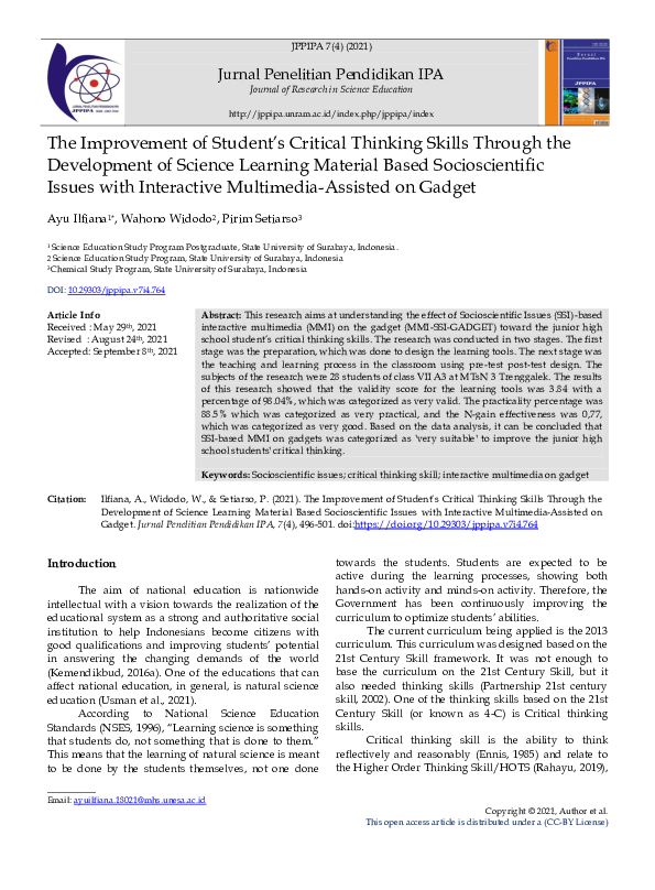 (PDF) The Improvement of Student’s Critical Thinking Skills Through the ...