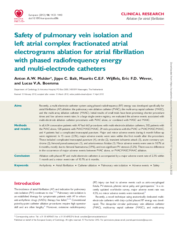(PDF) Safety of pulmonary vein isolation and left atrial complex ...