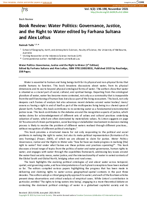 (PDF) Book review: Water Politics: Governance, Justice, and the Right ...