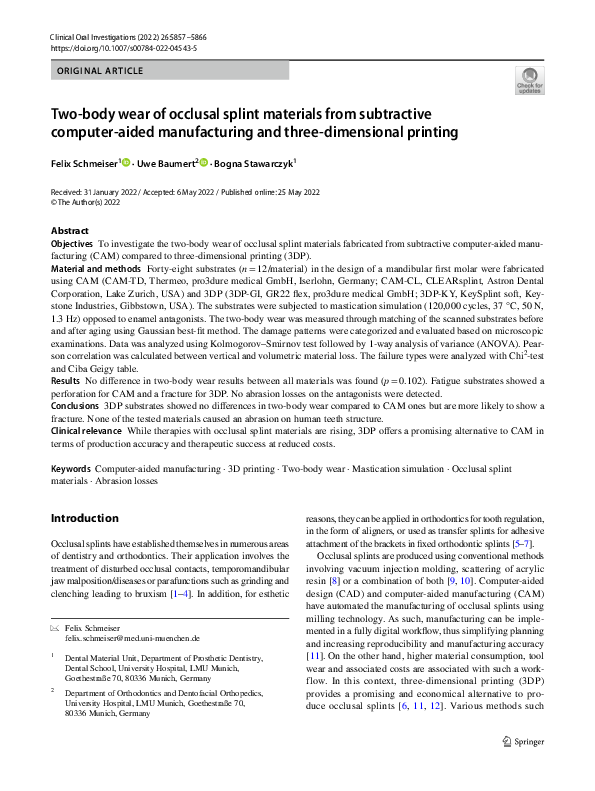 (PDF) Two-body wear of occlusal splint materials from subtractive ...