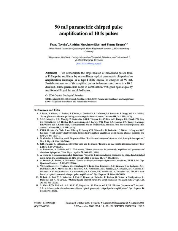 (PDF) 90 mJ parametric chirped pulse amplification of 10 fs pulses