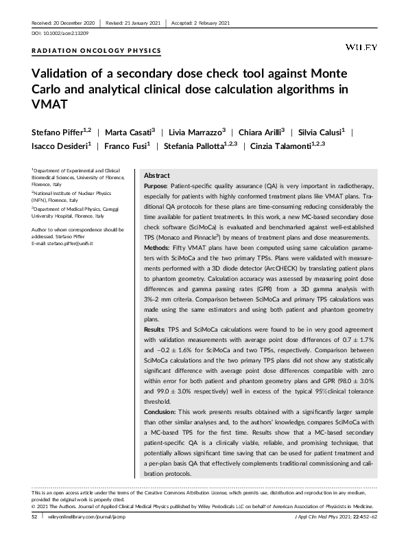 (PDF) Validation of a secondary dose check tool against Monte Carlo and ...