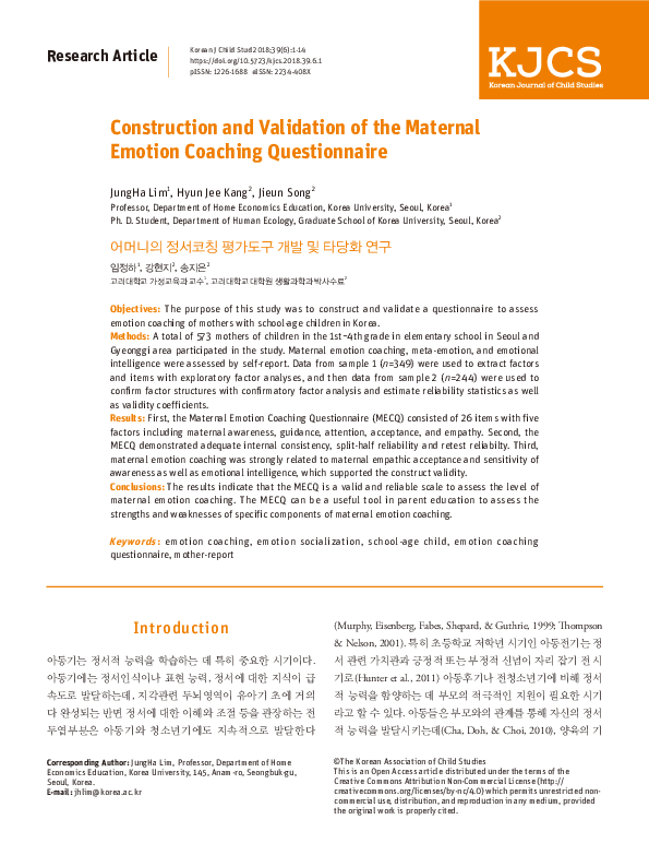(PDF) Construction and Validation of the Maternal Emotion Coaching ...