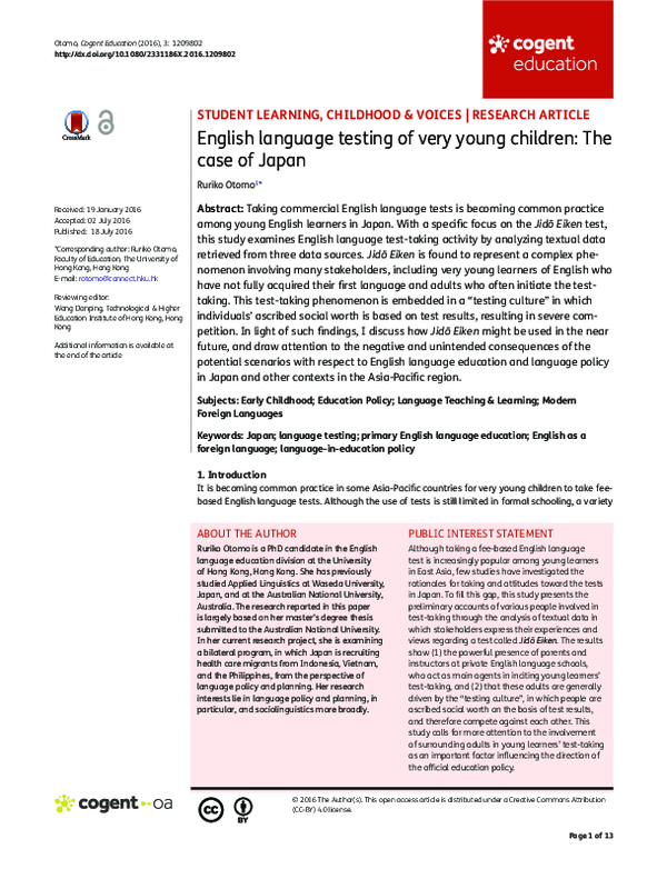 (PDF) English language testing of very young children: The case of Japan