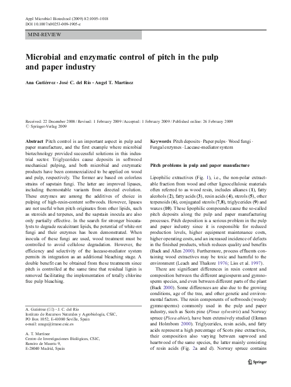 (PDF) Microbial and enzymatic control of pitch in the pulp and paper ...