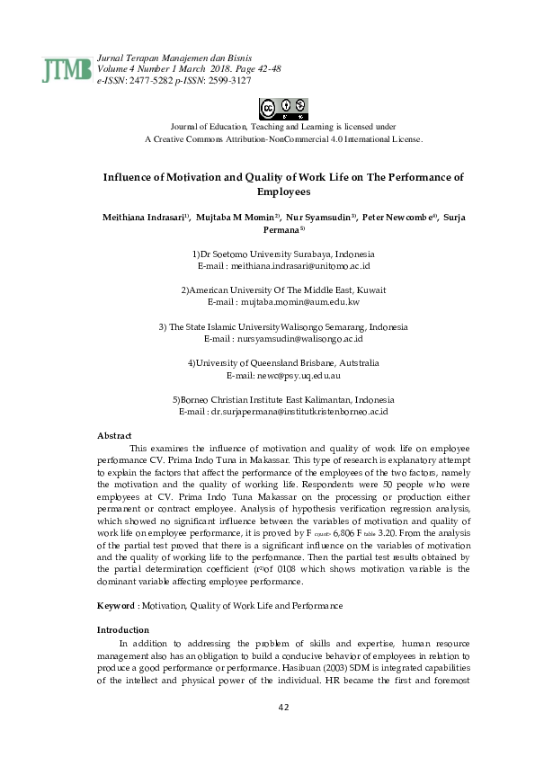 (PDF) Influence of Motivation and Quality of Work Life on The ...