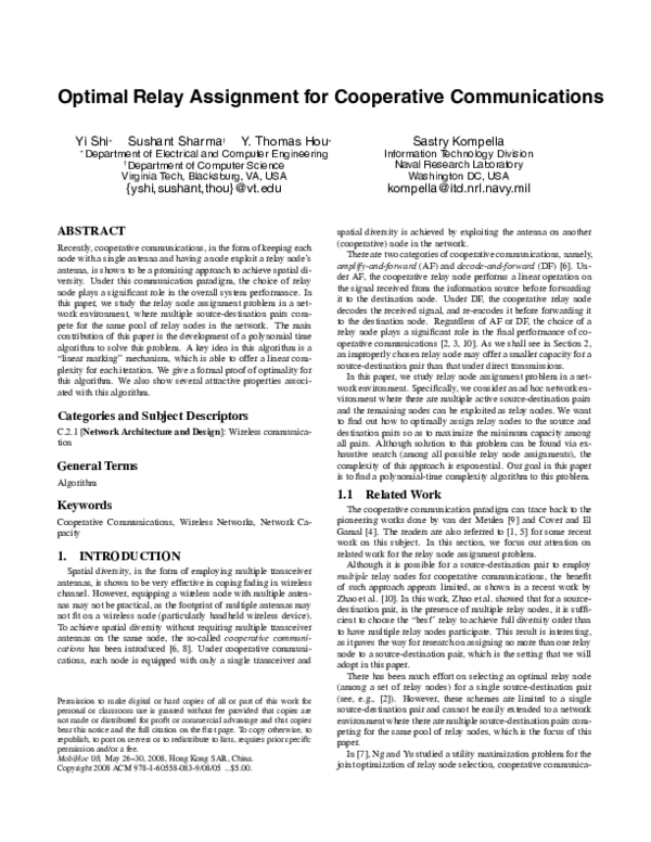 (PDF) Optimal relay assignment for cooperative communications