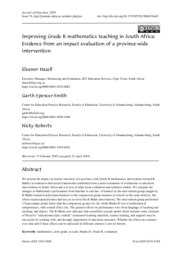 (PDF) Improving Grade R mathematics teaching in South Africa: Evidence ...