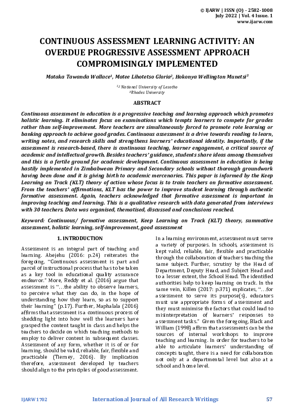 (PDF) CONTINUOUS ASSESSMENT LEARNING ACTIVITY: AN OVERDUE PROGRESSIVE ...
