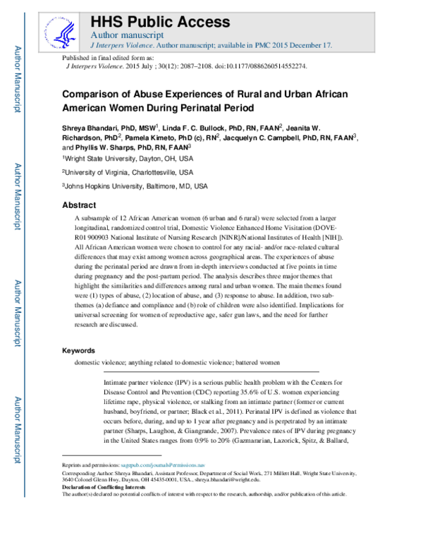 (PDF) Comparison of Abuse Experiences of Rural and Urban African ...