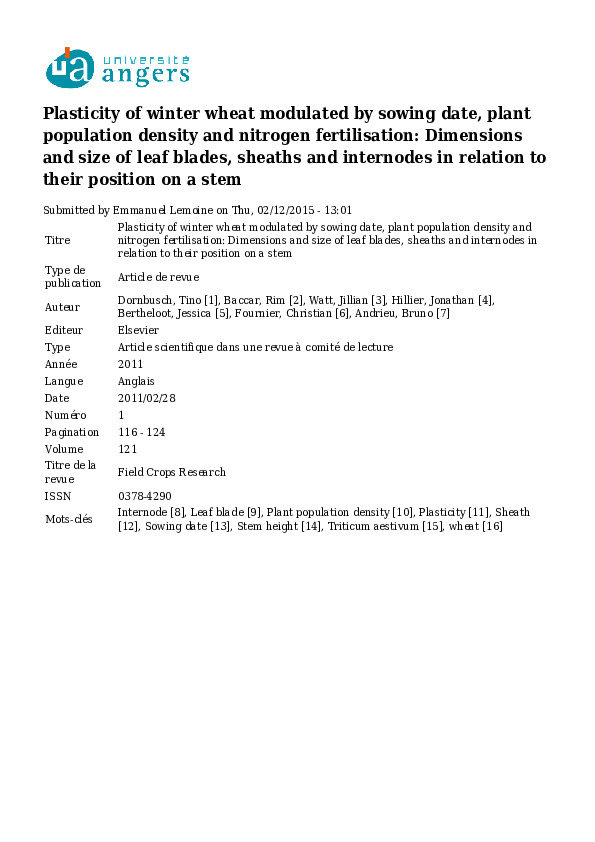 (PDF) Plasticity of winter wheat modulated by sowing date, plant ...