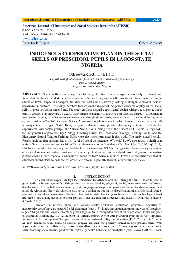 (PDF) INDIGENOUS COOPERATIVE PLAY ON THE SOCIAL SKILLS OF PRESCHOOL ...