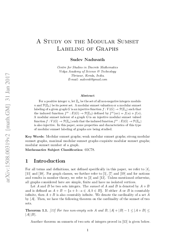 (PDF) A study on the modular sumset labeling of graphs | Sudev Naduvath ...