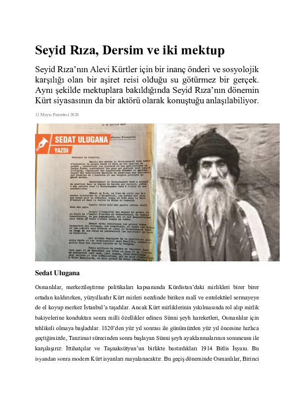 (PDF) Seyid Rıza, Dersim ve iki mektup