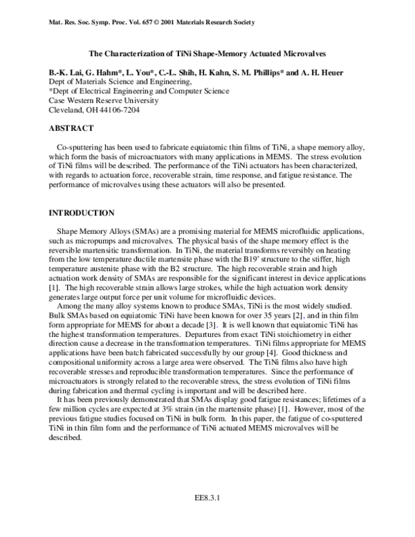 (PDF) The Characterization of TiNi Shape-Memory Actuated Microvalves
