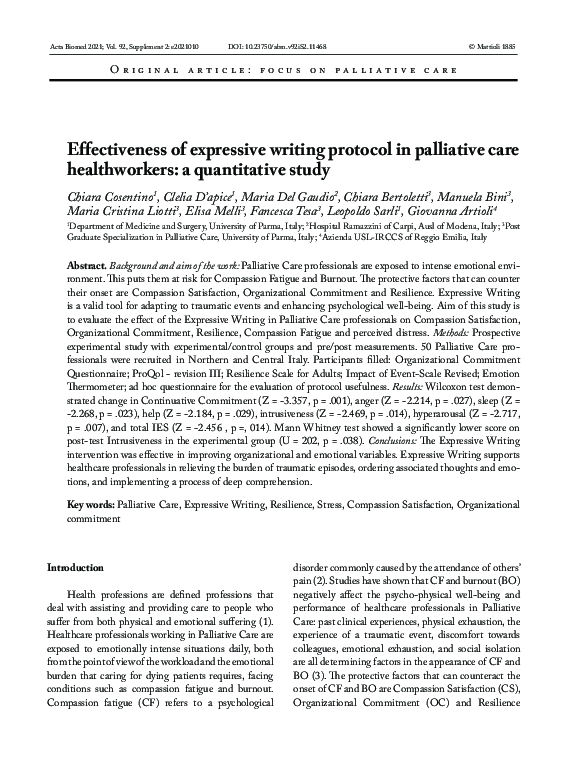 (PDF) Effectiveness of expressive writing protocol in palliative care ...
