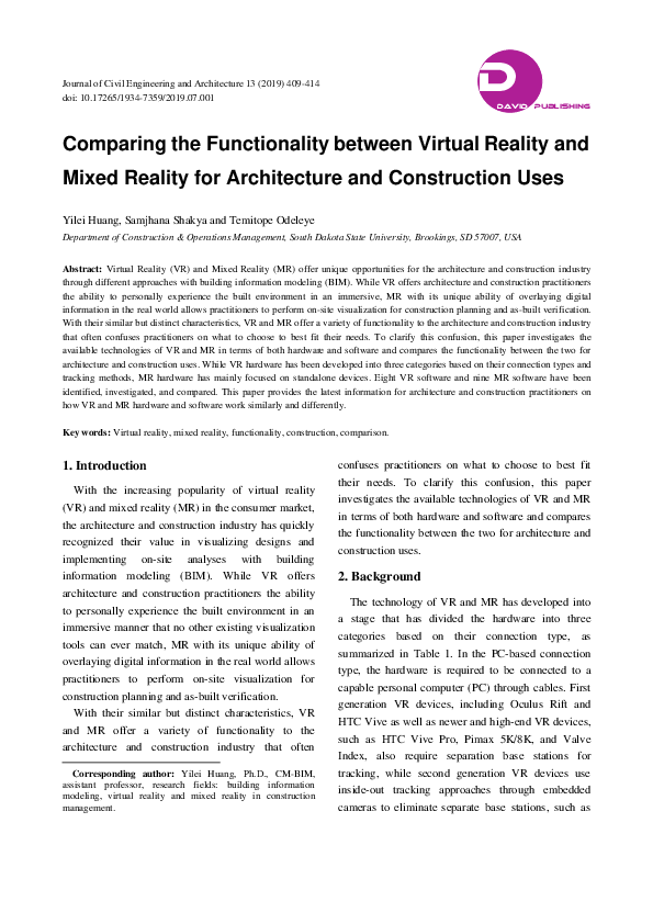 (PDF) Comparing the Functionality between Virtual Reality and Mixed ...