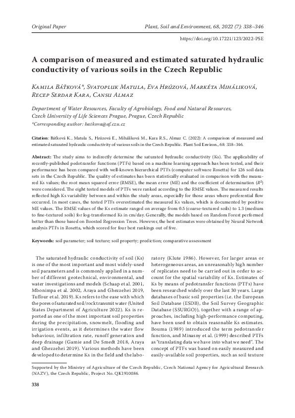 (PDF) A comparison of measured and estimated saturated hydraulic ...
