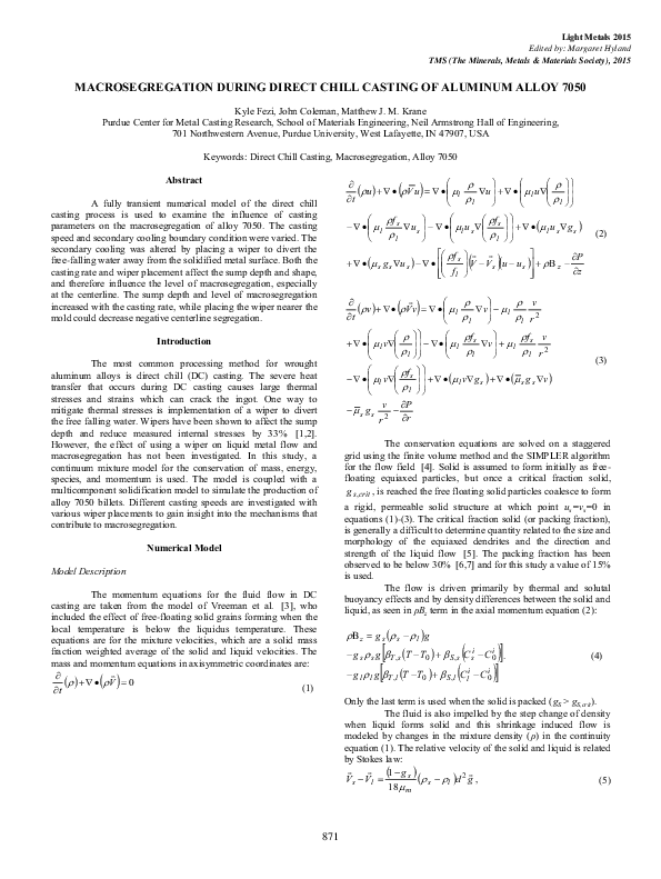 (PDF) Macrosegregation during Direct Chill Casting of Aluminum Alloy 7050