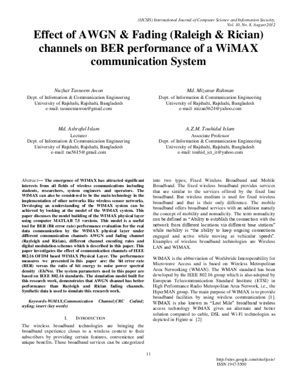 Effect of AWGN & Fading (Raleigh & Rician) channels on BER performance of a WiMAX communication System