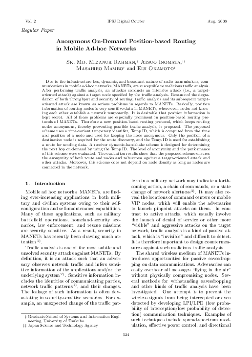 (PDF) Anonymous On-Demand Position-based Routing in Mobile Ad-hoc Networks