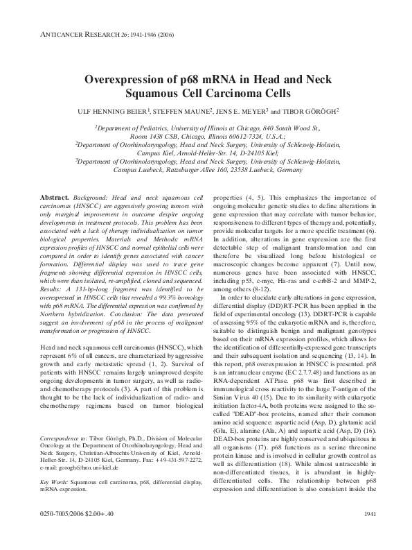 (PDF) Overexpression of p68 mRNA in head and neck squamous cell ...