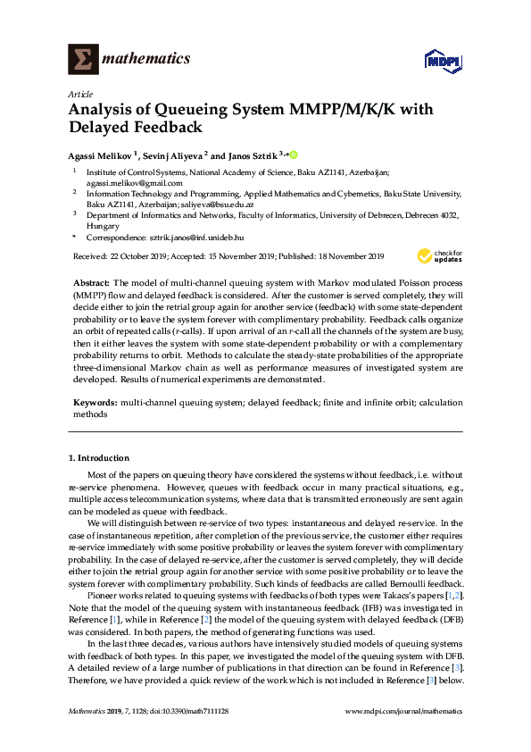 (PDF) Analysis of Queueing System MMPP/M/K/K with Delayed Feedback