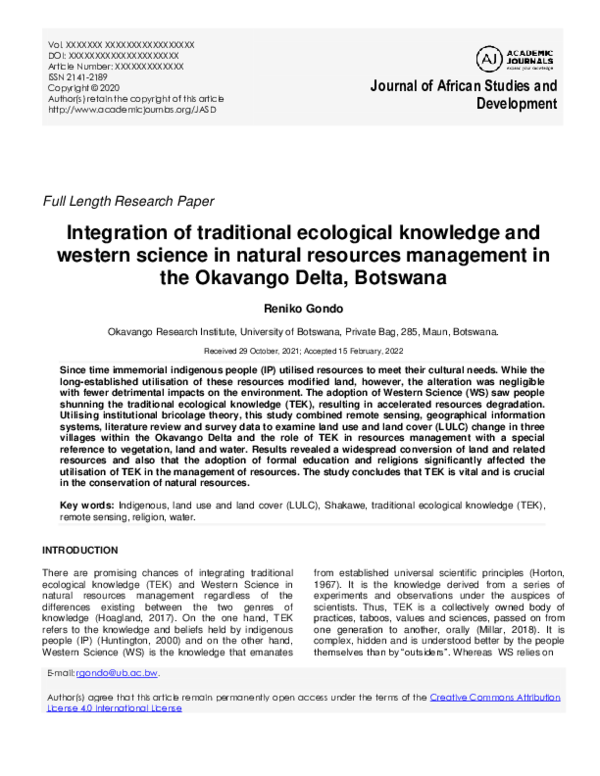 (PDF) Integration of traditional ecological knowledge and western ...