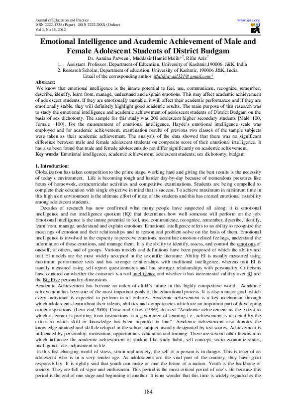(PDF) Emotional Intelligence and Academic Achievement of Male and ...