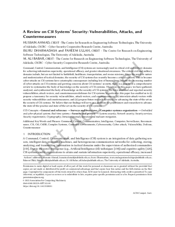 (PDF) A Review on C3I Systems’ Security: Vulnerabilities, Attacks, and ...