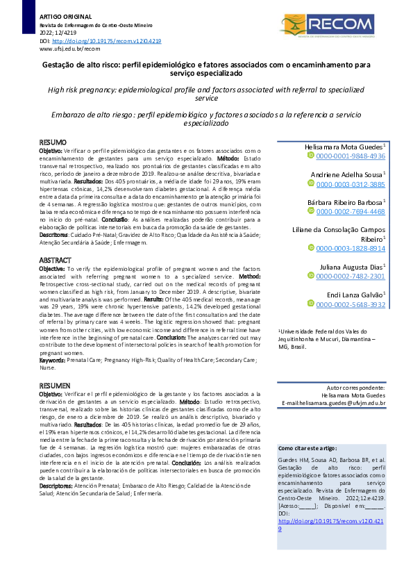Gestação de alto risco: perfil epidemiológico e fatores associados com o encaminhamento para serviço especializado