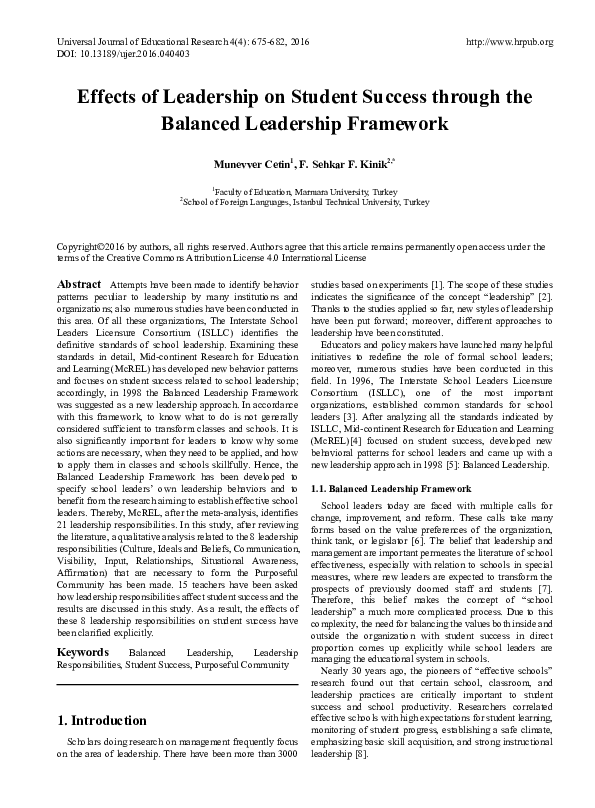 (PDF) Effects of Leadership on Student Success through the Balanced ...