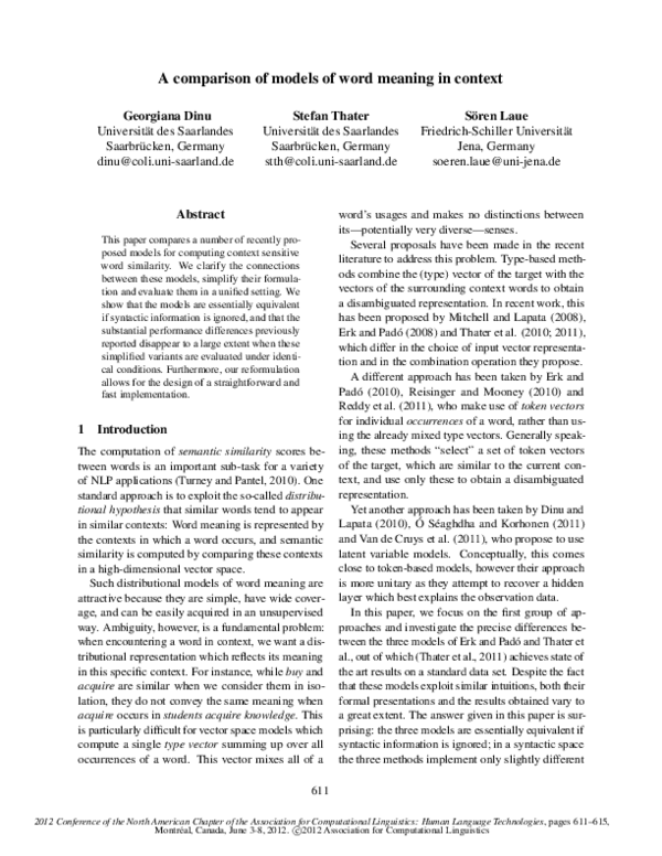 (PDF) A comparison of models of word meaning in context