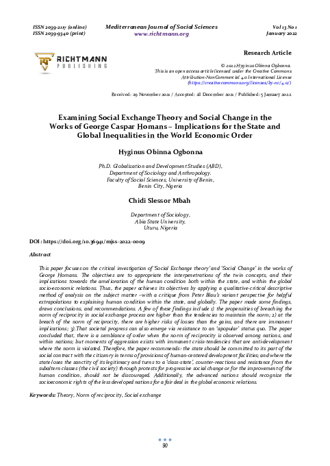 (PDF) Examining Social Exchange Theory and Social Change in the Works ...