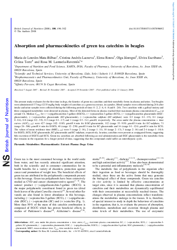 (PDF) Absorption and pharmacokinetics of green tea catechins in beagles