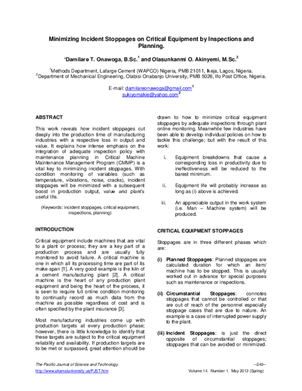 (PDF) Minimizing incident stoppages on critical equipment of ...