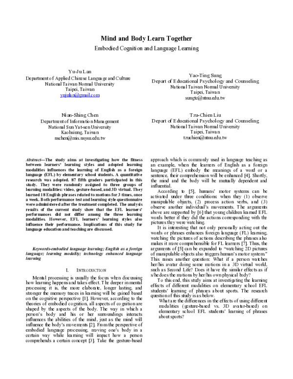 (PDF) Mind and Body Learn Together: Embodied Cognition and Language ...
