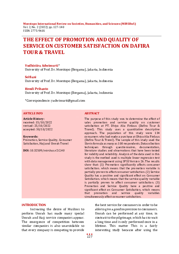 (PDF) The Effect of Promotion and Quality of Service on Customer ...