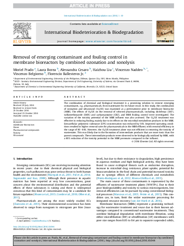 (PDF) Removal of emerging contaminant and fouling control in membrane ...