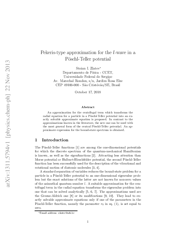 (PDF) Pekeris-type approximation for the $l$-wave in a P\"oschl-Teller ...