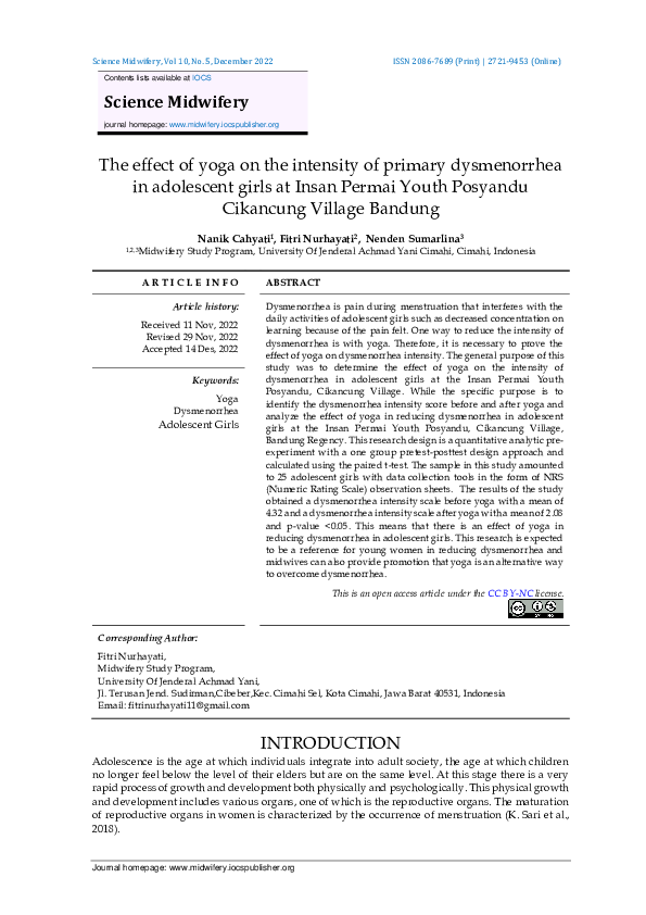 (PDF) The Effect of Yoga on the Intensity of Primary Dysmenorrhea in ...